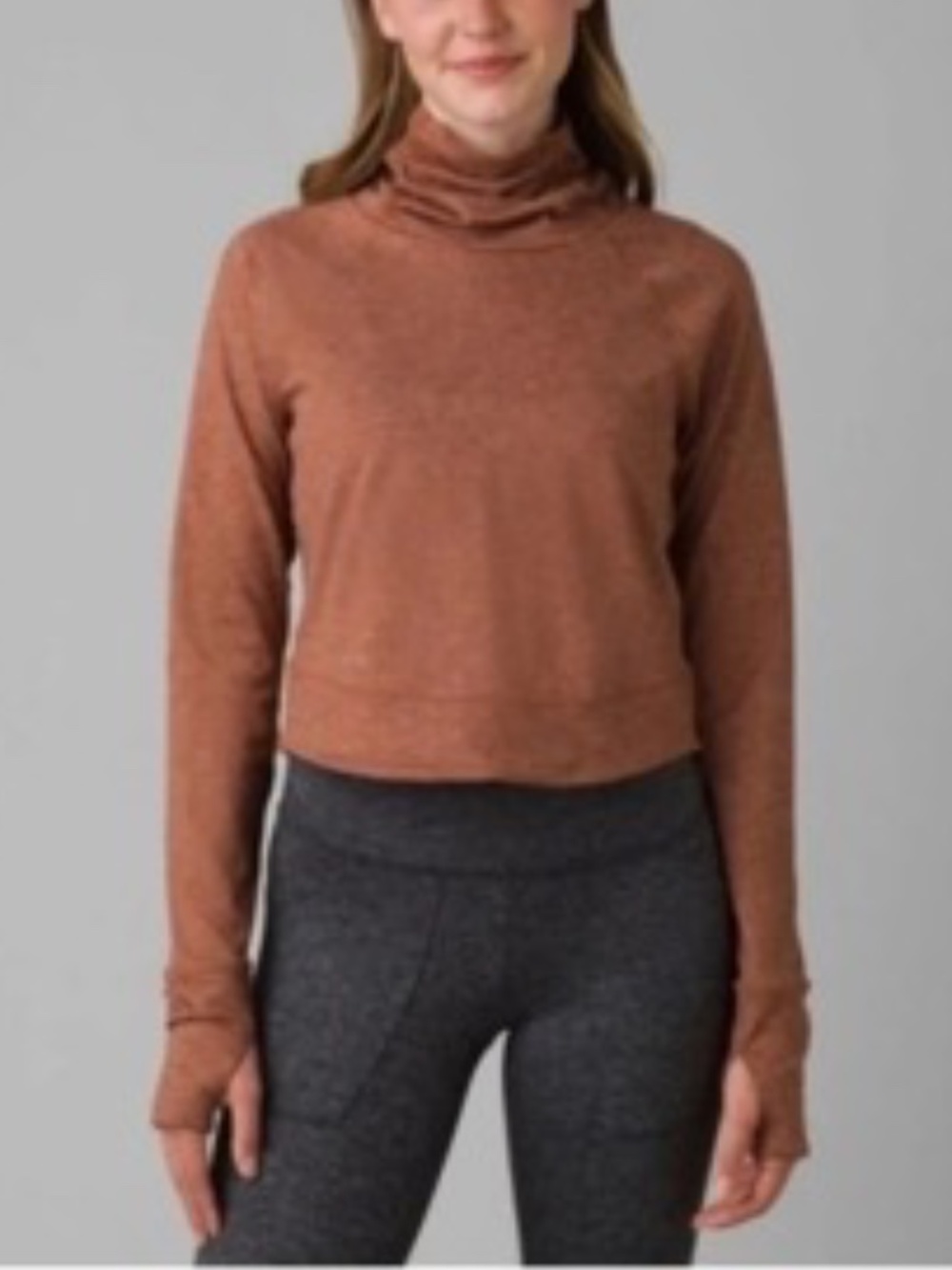 Prana Zawn Top Long Sleeve Crop Gingerbread Brown Knit Activewear Large L